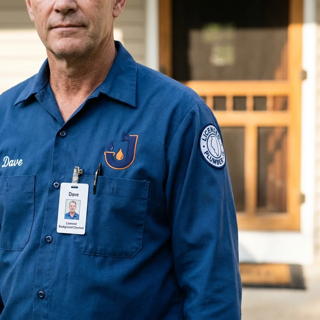 Licensed plumber with employee ID badge demonstrating upfront pricing to a homeowner